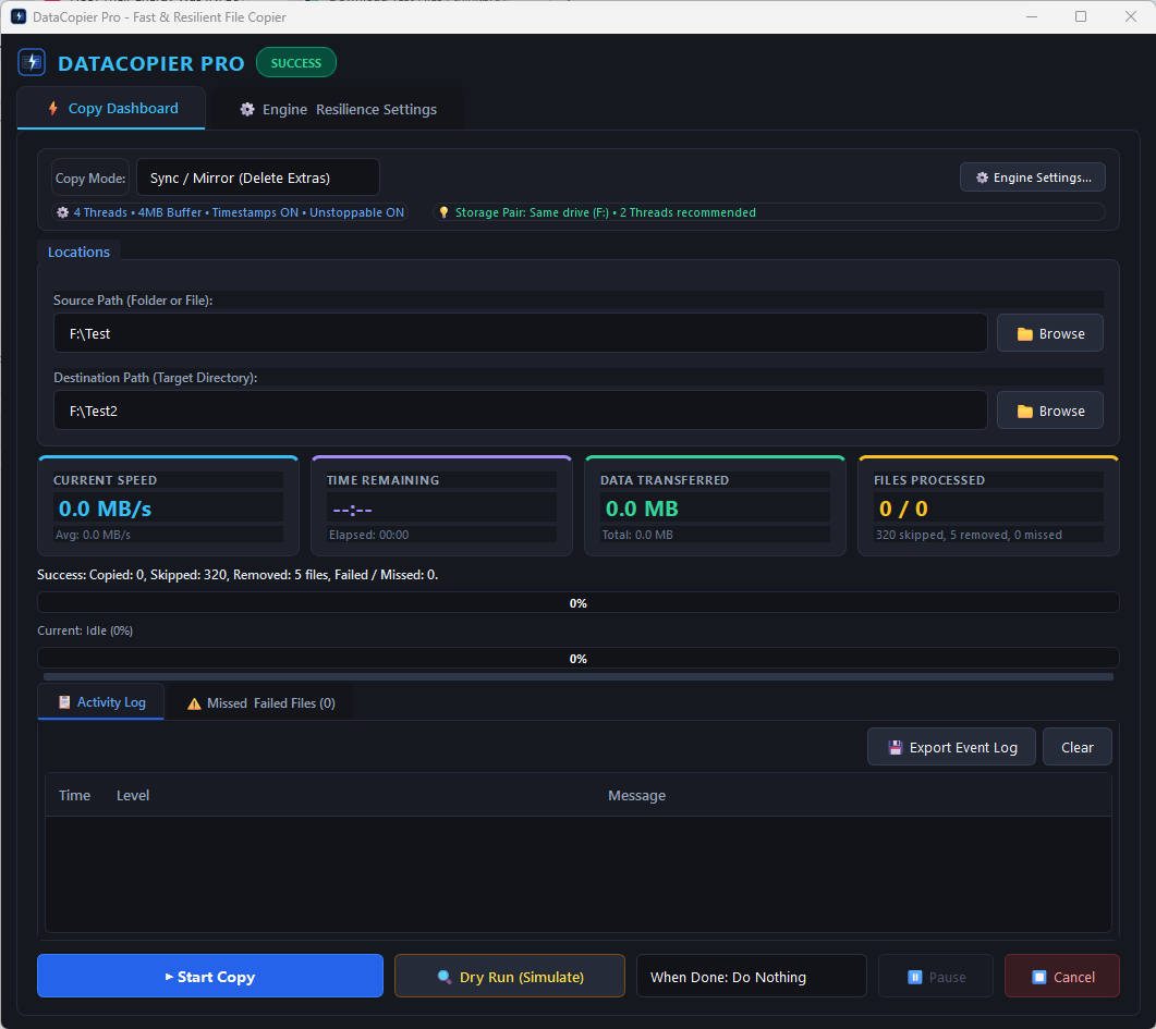 DataCopier Pro interface displaying speed metrics, sync modes, and progress meters