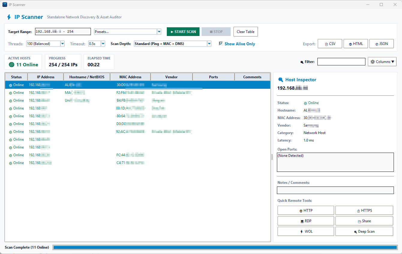 IP Scanner Pro network discovery interface showing active IP table and host inspector pane